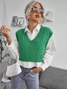 SHEIN Essnce Cable Knit V-neck Sweater Vest - Green - View 1
