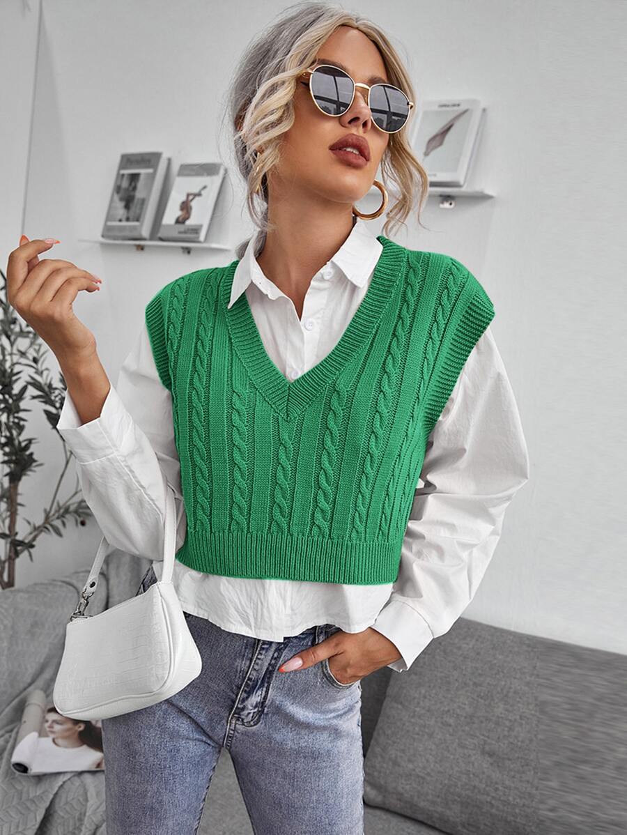 SHEIN Essnce Cable Knit V-neck Sweater Vest - Green - View 1