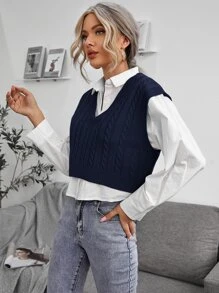 SHEIN Frenchy Cable Knit V-neck Sweater Vest - Navy Blue - View 4