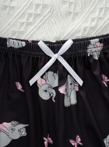 Elephant & Butterfly Print Lettuce Trim Cami PJ Set / Pajama Set - Black - View 4