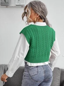 SHEIN Essnce Cable Knit V-neck Sweater Vest - Green - View 2