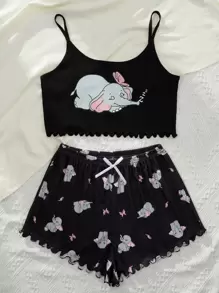 Elephant & Butterfly Print Lettuce Trim Cami PJ Set / Pajama Set - Black - View 5
