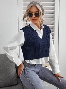 SHEIN Frenchy Cable Knit V-neck Sweater Vest - Navy Blue - View 5