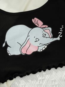 Elephant & Butterfly Print Lettuce Trim Cami PJ Set / Pajama Set - Black - View 6