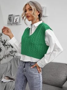 SHEIN Essnce Cable Knit V-neck Sweater Vest - Green - View 4