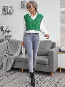 SHEIN Essnce Cable Knit V-neck Sweater Vest - Green - View 5