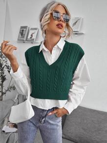 SHEIN Essnce Cable Knit V-neck Sweater Vest - Dark Green - View 1