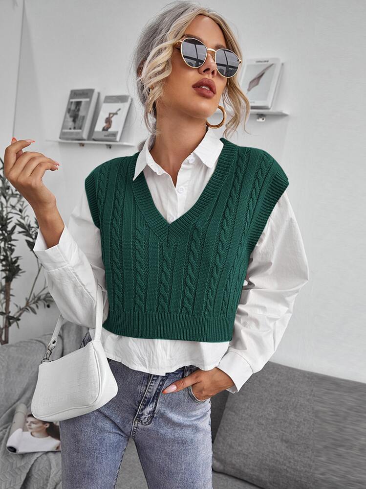 SHEIN Essnce Cable Knit V-neck Sweater Vest - Dark Green - View 1
