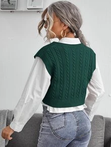 SHEIN Essnce Cable Knit V-neck Sweater Vest - Dark Green - View 2