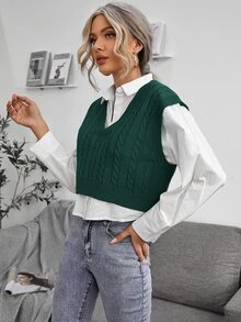 SHEIN Essnce Cable Knit V-neck Sweater Vest - Dark Green - View 3