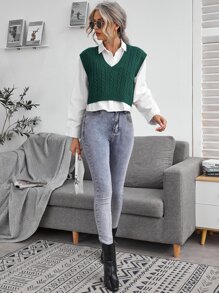 SHEIN Essnce Cable Knit V-neck Sweater Vest - Dark Green - View 4