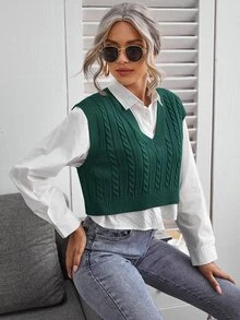 SHEIN Essnce Cable Knit V-neck Sweater Vest - Dark Green - View 5