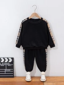 SHEIN 年輕男孩格子印花圓肩襯衫和褲子