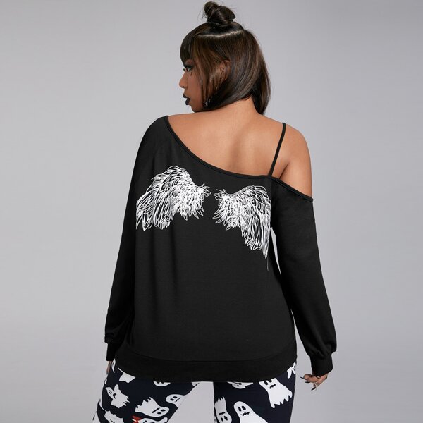 

Plus Wing Print Asymmetrical Neck Sweatshirt, Black