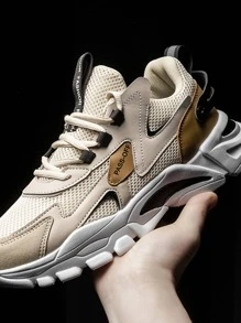 男士撞色透氣前綁帶運動鞋 - 米色 - 查看 2