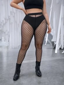 SHEIN ICON Spring And Summer Plus See-Through Mesh Sexy And Coquettish Black Tight Trousers And Leggings - Black - View 1