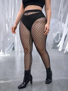 SHEIN ICON Spring And Summer Plus See-Through Mesh Sexy And Coquettish Black Tight Trousers And Leggings - Black - View 4
