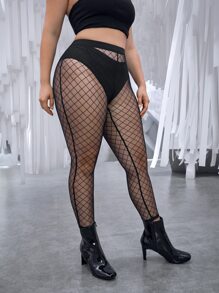 SHEIN ICON Spring And Summer Plus See-Through Mesh Sexy And Coquettish Black Tight Trousers And Leggings - Black - View 5