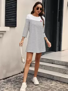 SHEIN Frenchy Heart Embroidery Striped Tee Dress - Black and White - View 1