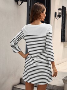 SHEIN Frenchy Heart Embroidery Striped Tee Dress - Black and White - View 6