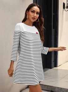 SHEIN Frenchy Heart Embroidery Striped Tee Dress - Black and White - View 7