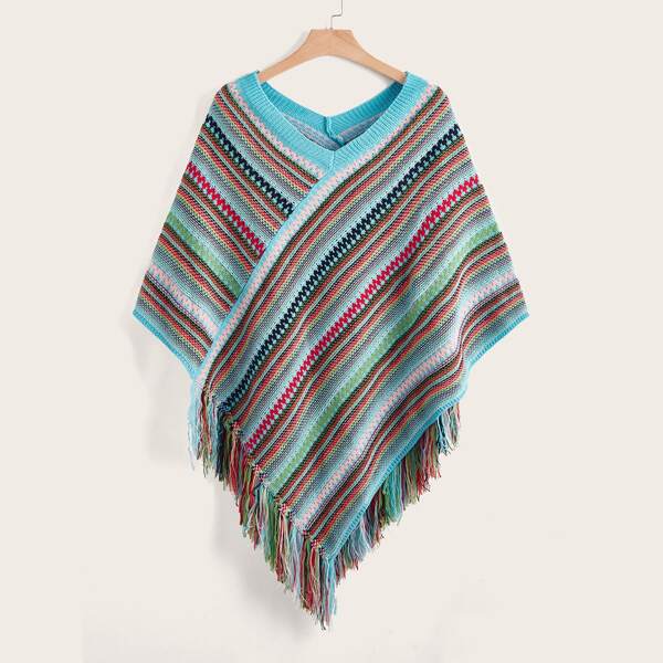

Plus Block Striped Pattern Fringe Trim Knit Poncho, Multicolor