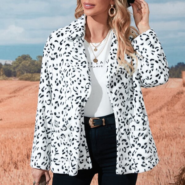 

Allover Print Lapel Collar Teddy Coat, Black and white