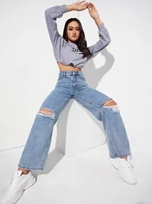 SHEIN EZwear High Waisted Ripped Light Wash Jeans - Light Wash - View 1