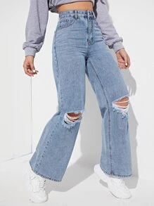 SHEIN EZwear High Waisted Ripped Light Wash Jeans - Light Wash - View 5