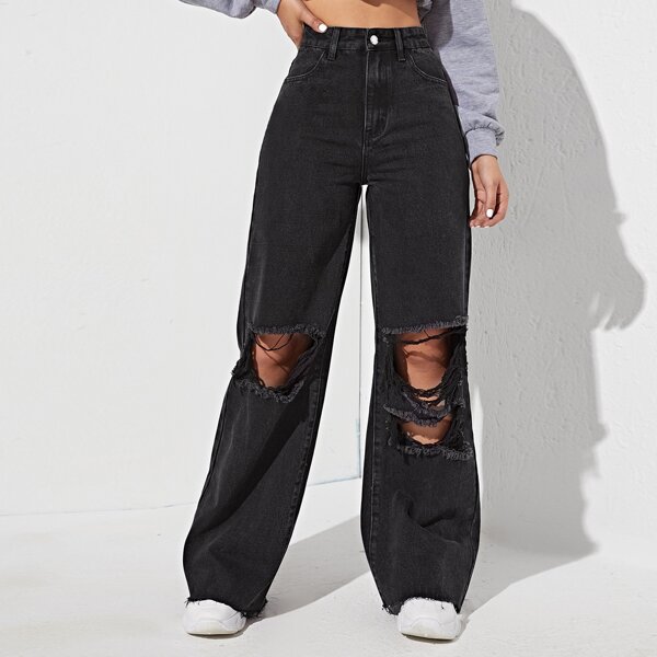 

High Waist Ripped Wide Leg Jeans, Black