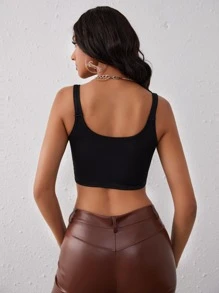 SHEIN Privé 不對稱下擺扣飾背心上衣 - 黑色 - 查看 2
