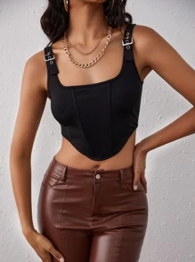 SHEIN Privé 不對稱下擺扣飾背心上衣 - 黑色 - 查看 3