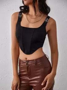 SHEIN Privé 不對稱下擺扣飾背心上衣 - 黑色 - 查看 6