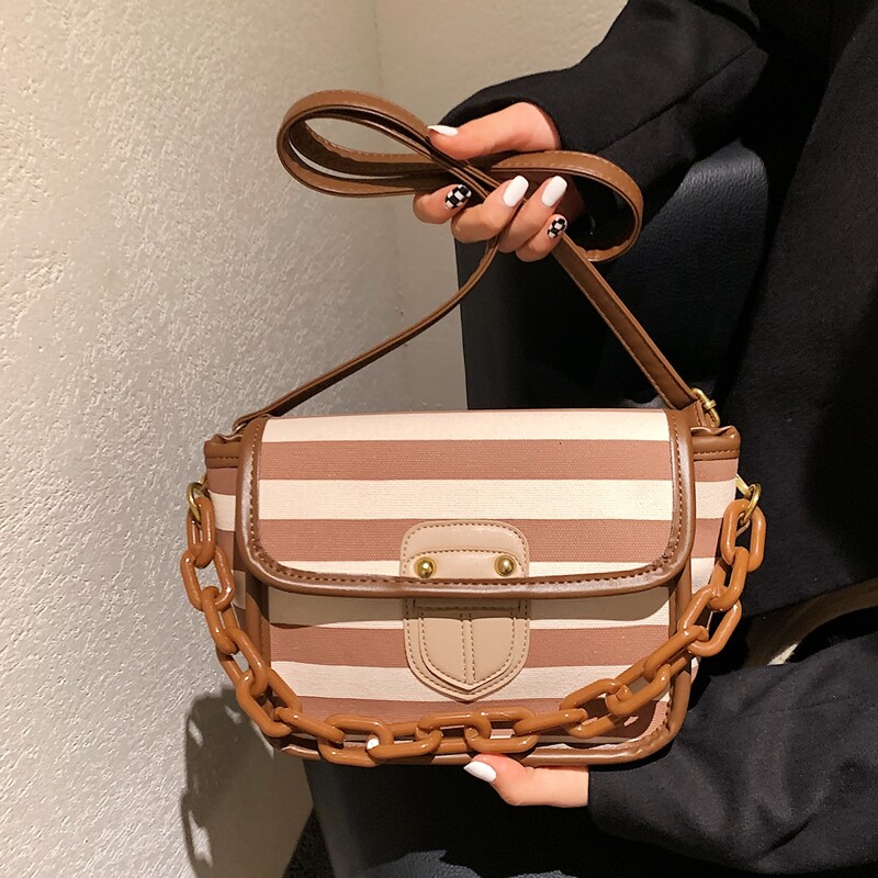 

Striped Pattern Satchel Bag, Brown