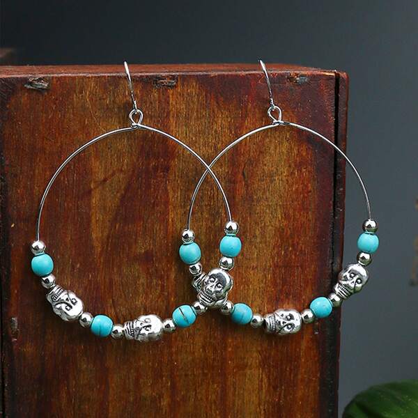

Halloween Skull Decor Circle Drop Earrings, Antique silver