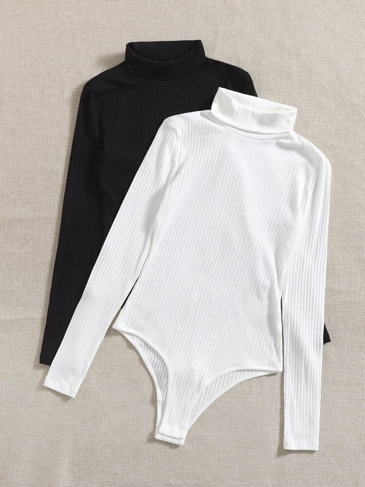 Muchica Body de mujer de unicolor con cuello alto, manga larga y costillas en estilo casual - Blanco y Negro - Ver 3