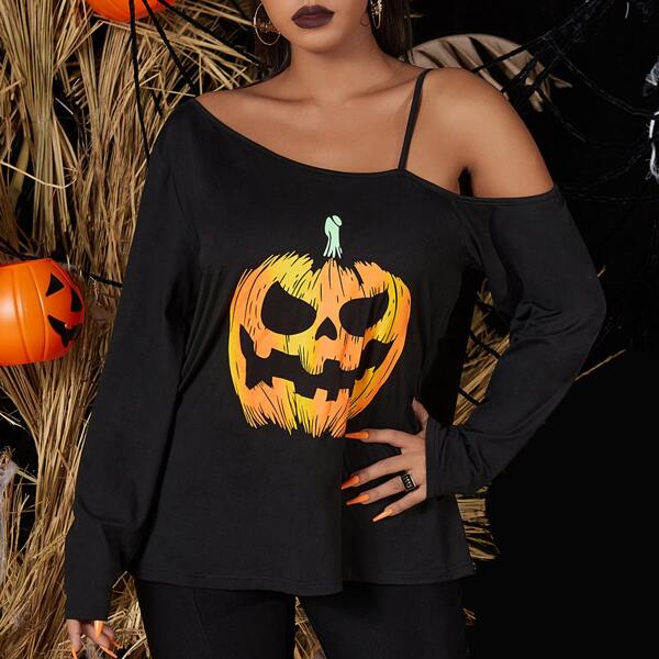 

Plus Halloween Pumpkin Print Asymmetric Neck Tee, Black