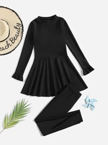 Tween Girl Full Cover Burkini Swimwear - Black - View 1
