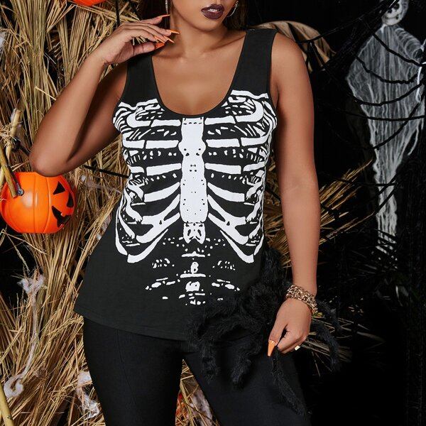 

Plus Halloween Skeleton Print Tank Top, Black and white
