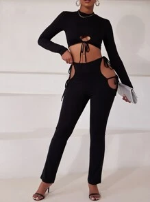 Slaydiva Stand Neck Drawstring Crop Top & Knot Side Cut Out Pants - Black - View 3