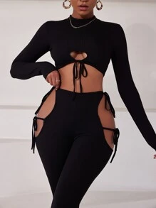 Slaydiva Stand Neck Drawstring Crop Top & Knot Side Cut Out Pants - Black - View 4