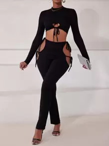 Slaydiva Stand Neck Drawstring Crop Top & Knot Side Cut Out Pants - Black - View 1