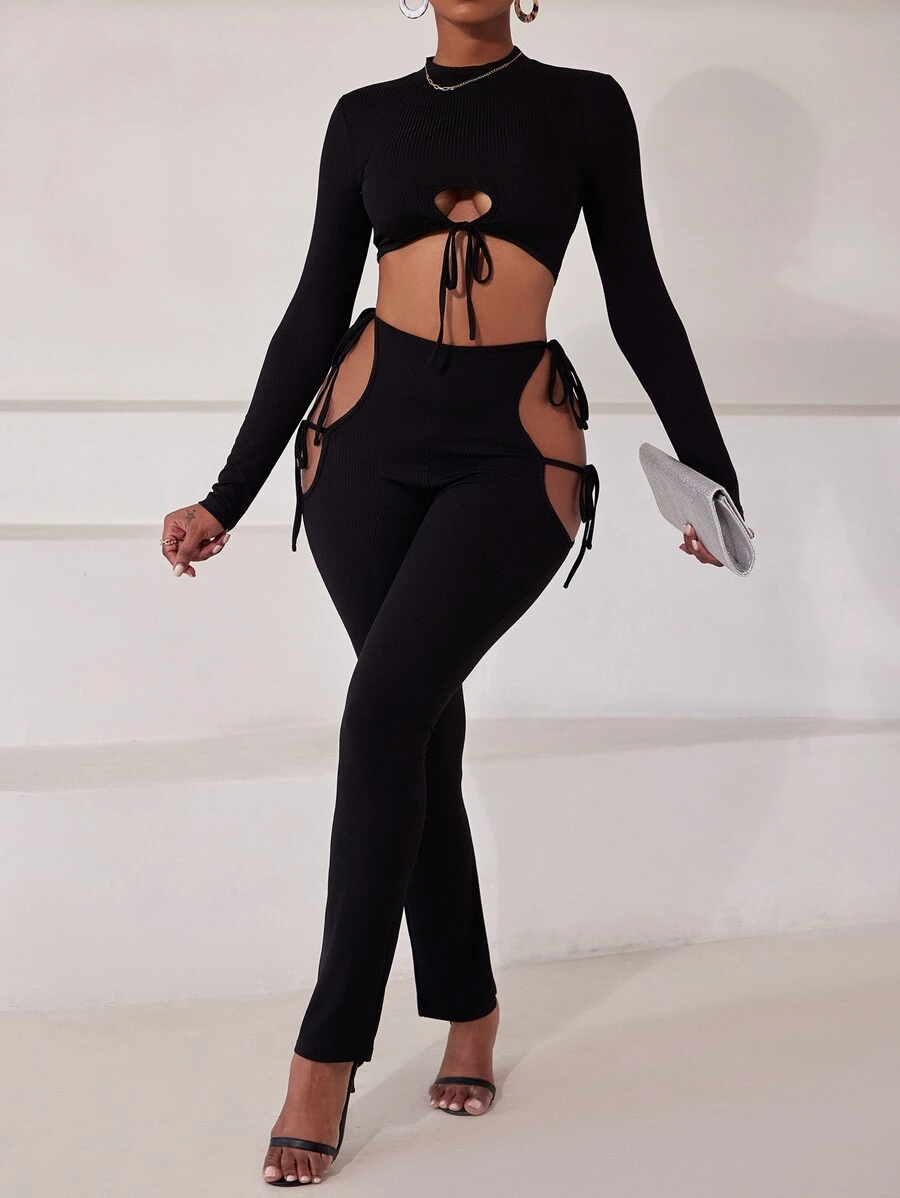 Slaydiva Stand Neck Drawstring Crop Top & Knot Side Cut Out Pants - Black - View 1