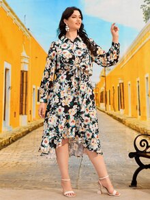 SHEIN VCAY Plus Floral Print Knot Crop Top & Ruffle Hem Wrap Skirt Set - Multicolor - View 5