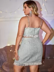 Amber X SHEIN 大碼鏈條細節毛邊緣格紋粗花呢吊帶上衣 - 彩色 - 查看 2