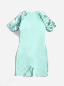 Tween Girl Plant Print Zipper One Piece Swimsuit - Mint Green - View 2