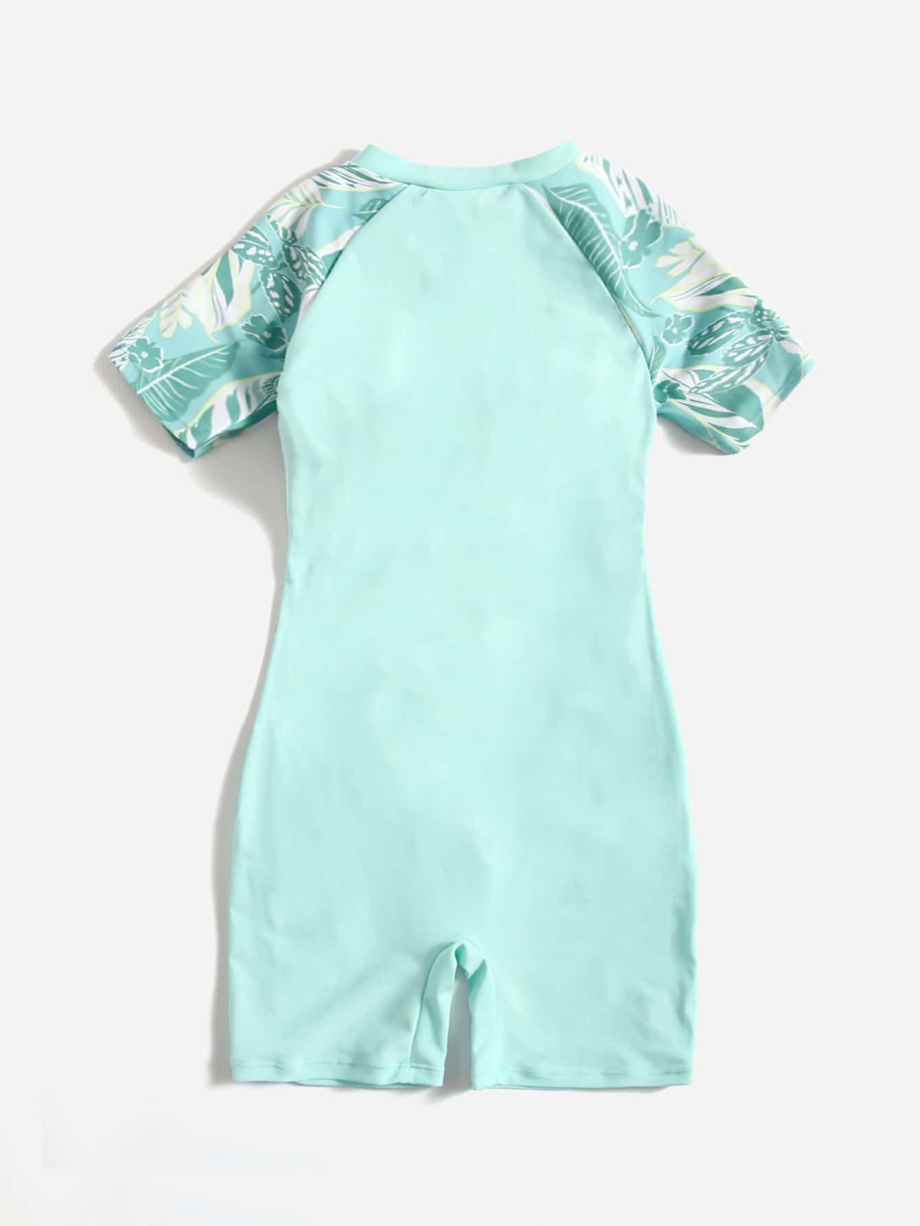 少女植物印花拉鍊一片式泳衣 - 薄荷綠 - 查看 2