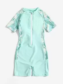 Tween Girl Plant Print Zipper One Piece Swimsuit - Mint Green - View 3