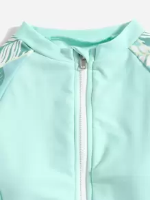 Tween Girl Plant Print Zipper One Piece Swimsuit - Mint Green - View 4