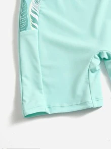 Tween Girl Plant Print Zipper One Piece Swimsuit - Mint Green - View 5